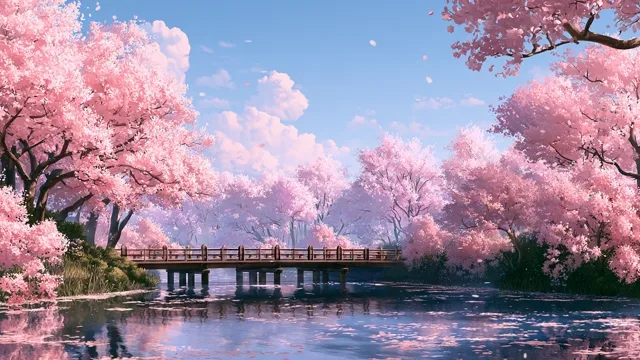 Cherry Blossom River and Wooden Bridge preview