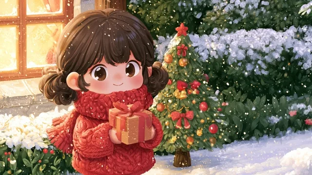 Christmas Girl with a Gift by the Tree preview