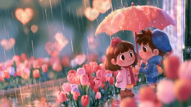 Valentine Kids Sharing an Umbrella in the Rain preview